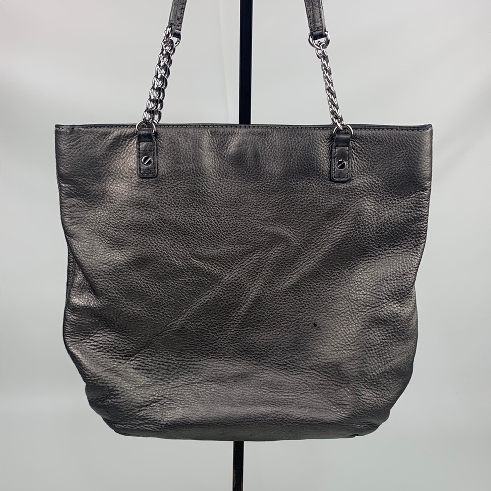 MK Michael Kors Silver Metallic Leather Tote shoulder Bag Silver Chain straps